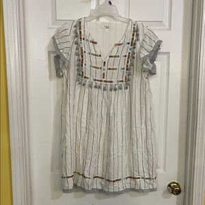 THML Anthropologie Striped mini Dress with Colorful Accents fluttered sleeves L